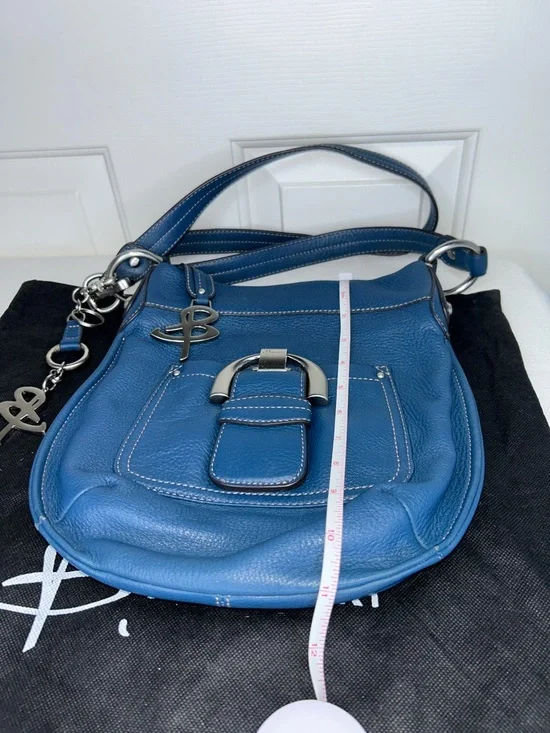 B. Makowsky Blue Pebbled Leather Crossbody with Silver Bag charm & Dust Bag EUC - Picture 15 of 17